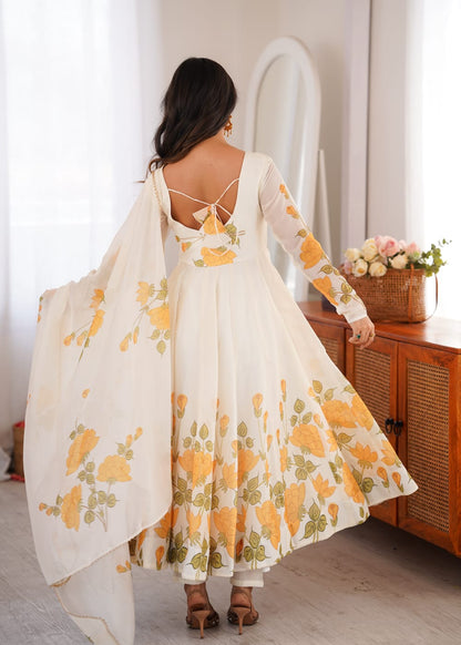 Floral Print Organza Silk Anarkali Gown Pant with Dupatta