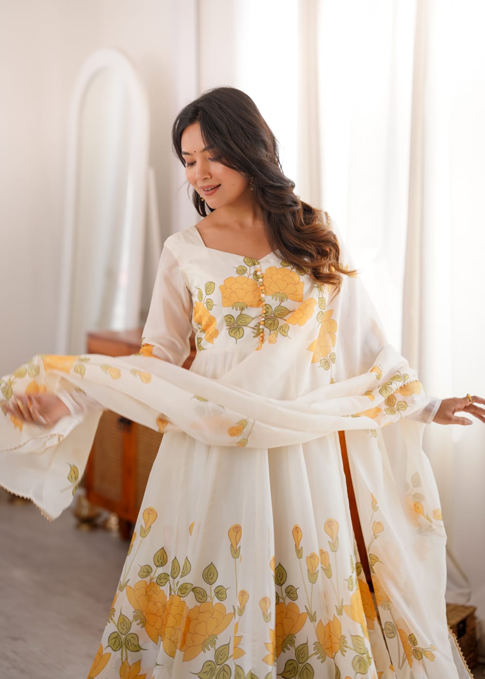 Floral Print Organza Silk Anarkali Gown Pant with Dupatta