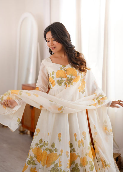 Floral Print Organza Silk Anarkali Gown Pant with Dupatta