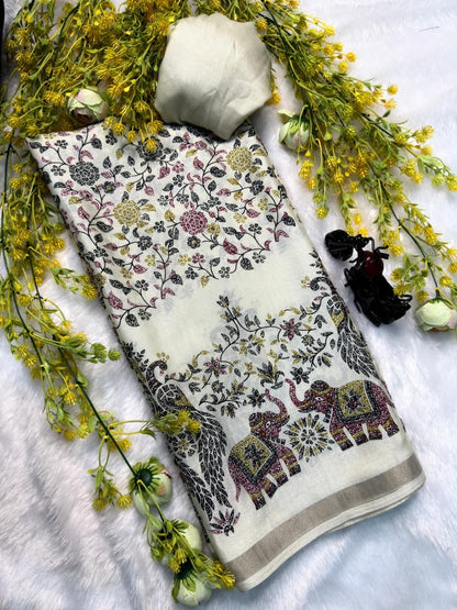 Mix Cotton Printed Saree with Unstitched Blouse