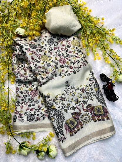 Mix Cotton Printed Saree with Unstitched Blouse