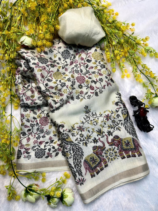 Mix Cotton Printed Saree with Unstitched Blouse