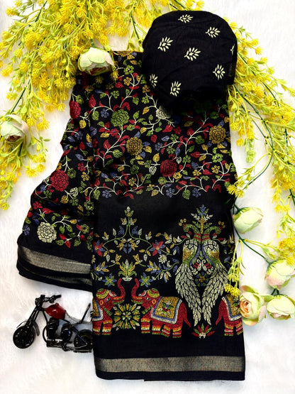 Mix Cotton Printed Saree with Unstitched Blouse