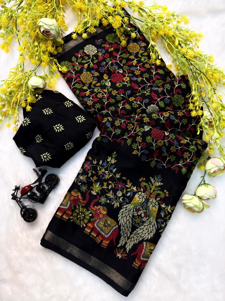 Mix Cotton Printed Saree with Unstitched Blouse