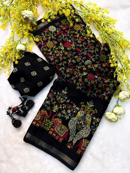 Mix Cotton Printed Saree with Unstitched Blouse
