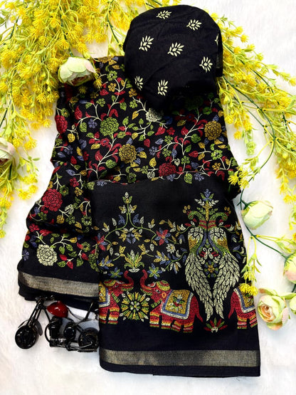 Mix Cotton Printed Saree with Unstitched Blouse