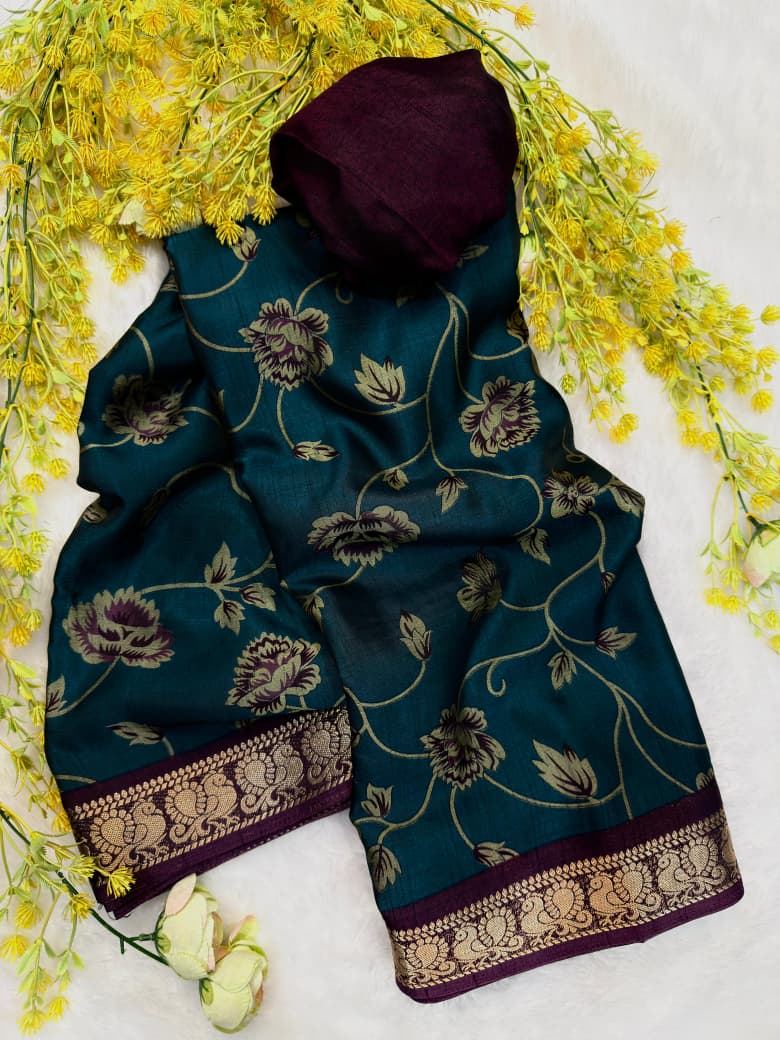 Dola Silk Zari weaving Border Print Saree with Unstitched Blouse