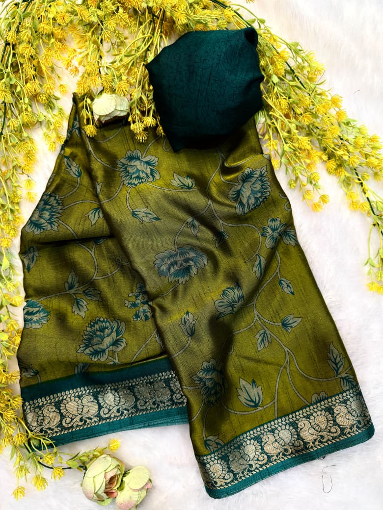Dola Silk Zari weaving Border Print Saree with Unstitched Blouse