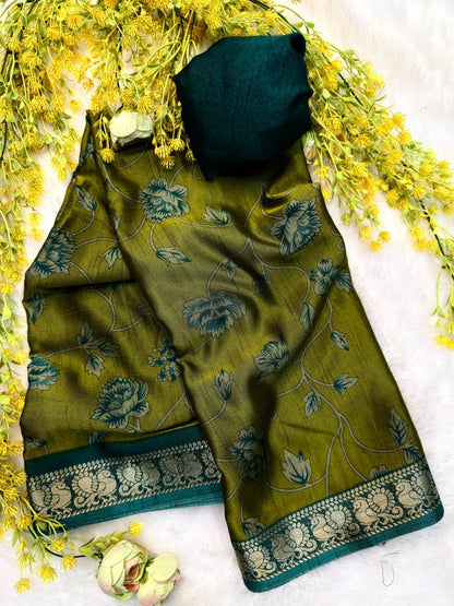 Dola Silk Zari weaving Border Print Saree with Unstitched Blouse