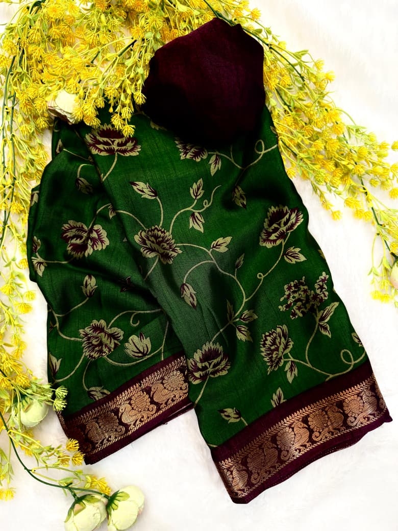 Dola Silk Zari weaving Border Print Saree with Unstitched Blouse