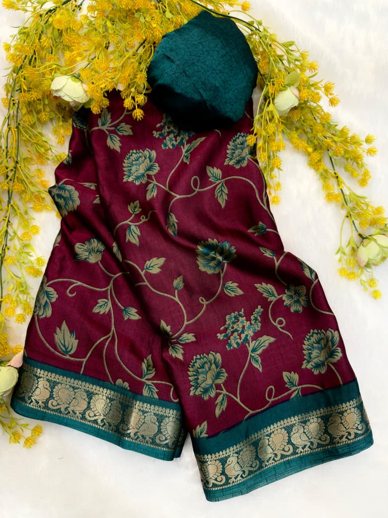 Dola Silk Zari weaving Border Print Saree with Unstitched Blouse