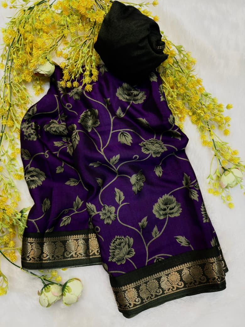 Dola Silk Zari weaving Border Print Saree with Unstitched Blouse