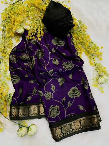 Dola Silk Zari weaving Border Print Saree with Unstitched Blouse