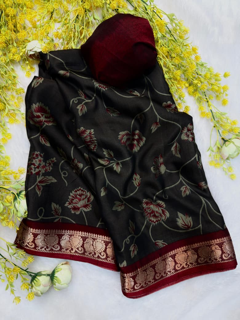 Dola Silk Zari weaving Border Print Saree with Unstitched Blouse