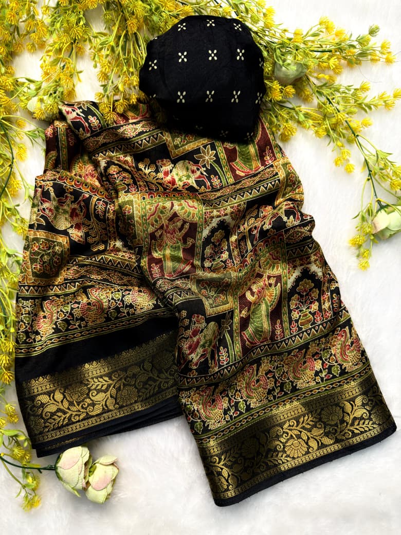 Georgette Zari weaving Border Print Saree with Unstitched Blouse