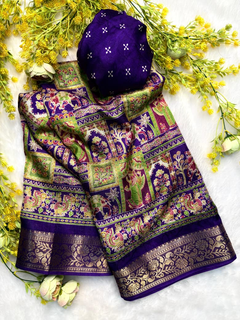 Georgette Zari weaving Border Print Saree with Unstitched Blouse