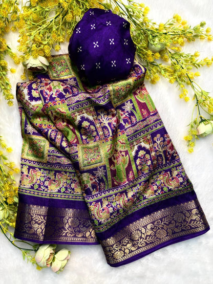 Georgette Zari weaving Border Print Saree with Unstitched Blouse