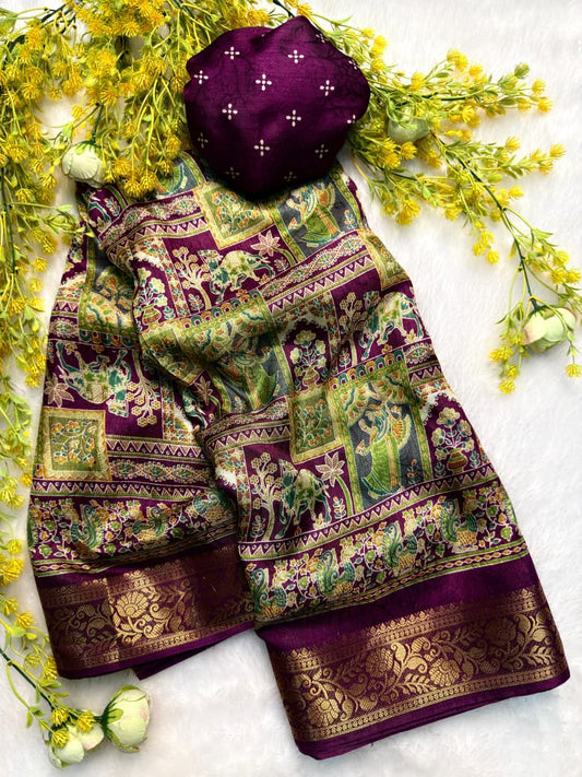 Georgette Zari weaving Border Print Saree with Unstitched Blouse