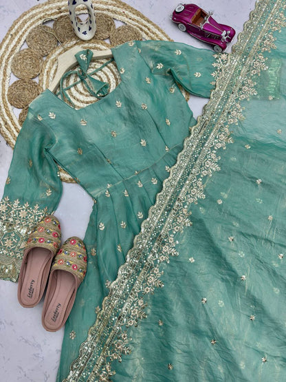 Sea Green Fandy Silk Embroidery Sequins Work Anarkali Gown Pant with Dupatta (3/4 sleeve)