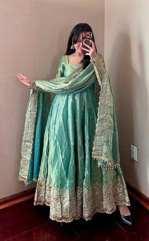 Sea Green Fandy Silk Embroidery Sequins Work Anarkali Gown Pant with Dupatta (3/4 sleeve)