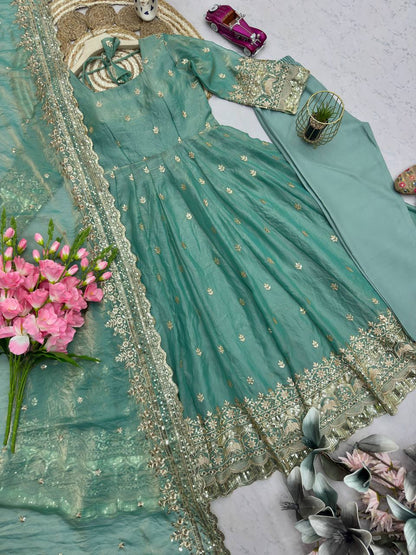 Sea Green Fandy Silk Embroidery Sequins Work Anarkali Gown Pant with Dupatta (3/4 sleeve)