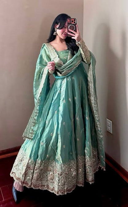 Sea Green Fandy Silk Embroidery Sequins Work Anarkali Gown Pant with Dupatta (3/4 sleeve)