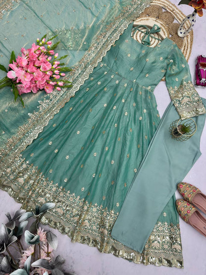 Sea Green Fandy Silk Embroidery Sequins Work Anarkali Gown Pant with Dupatta (3/4 sleeve)