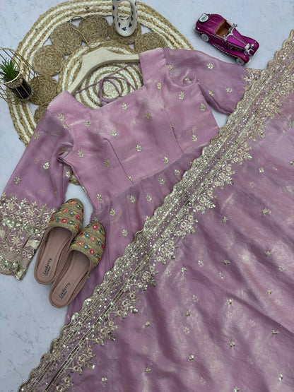 Onion Green Fandy Silk Embroidery Sequins Work Anarkali Gown Pant with Dupatta (3/4 sleeve)