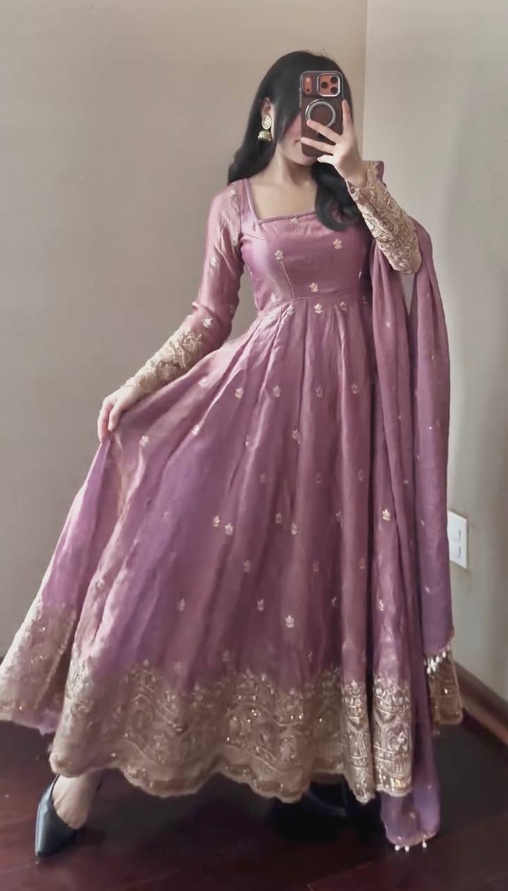 Onion Green Fandy Silk Embroidery Sequins Work Anarkali Gown Pant with Dupatta (3/4 sleeve)