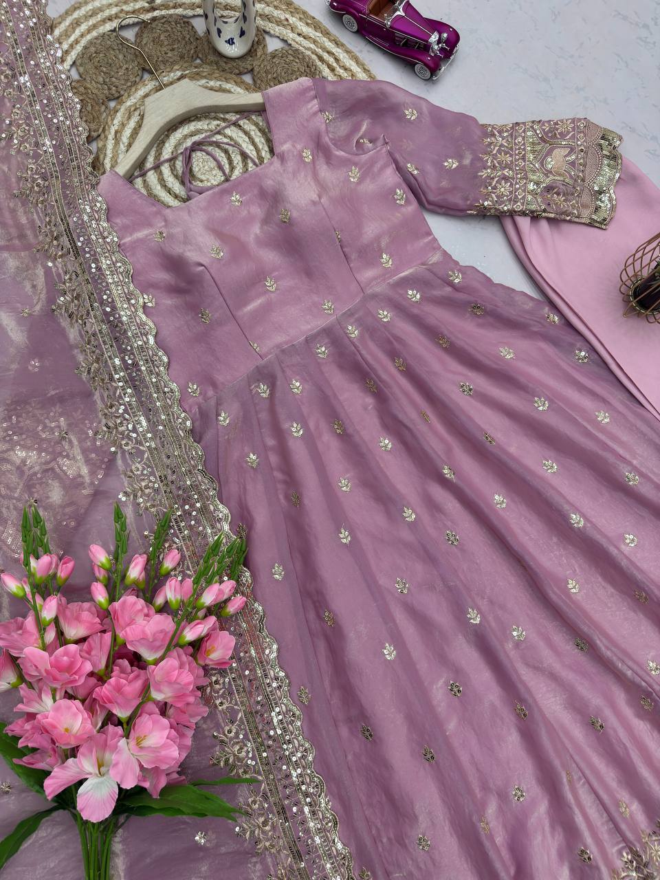 Onion Green Fandy Silk Embroidery Sequins Work Anarkali Gown Pant with Dupatta (3/4 sleeve)