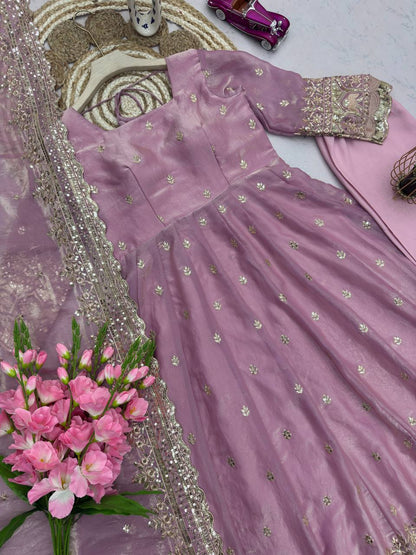 Onion Green Fandy Silk Embroidery Sequins Work Anarkali Gown Pant with Dupatta (3/4 sleeve)