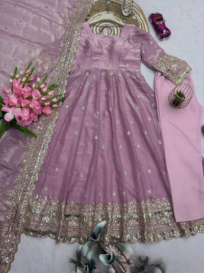 Onion Green Fandy Silk Embroidery Sequins Work Anarkali Gown Pant with Dupatta (3/4 sleeve)