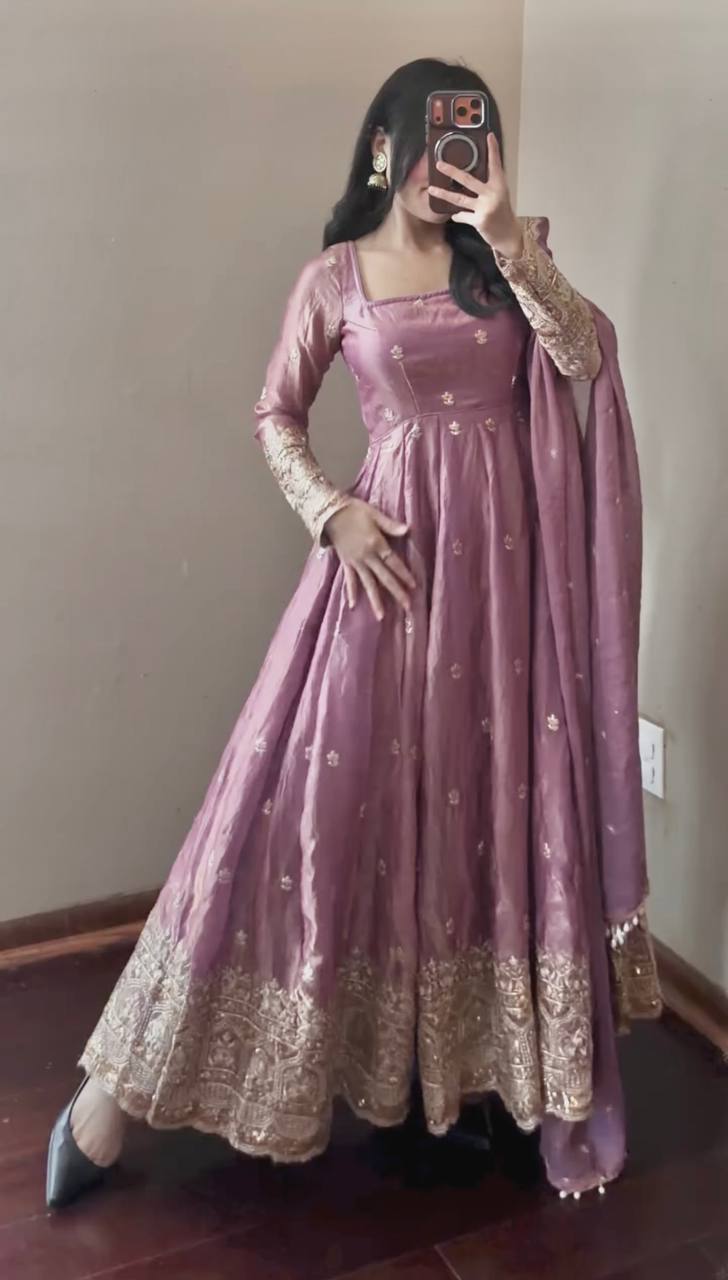 Onion Green Fandy Silk Embroidery Sequins Work Anarkali Gown Pant with Dupatta (3/4 sleeve)