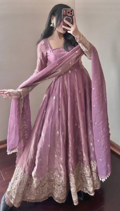 Onion Green Fandy Silk Embroidery Sequins Work Anarkali Gown Pant with Dupatta (3/4 sleeve)