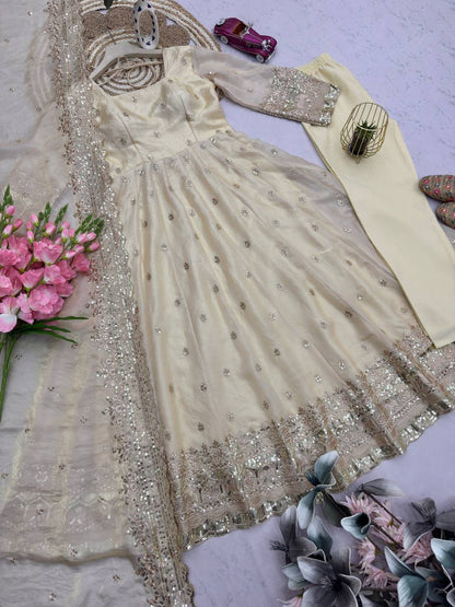 Cream Fandy Silk Embroidery Sequins Work Anarkali Gown Pant with Dupatta (3/4 sleeve)