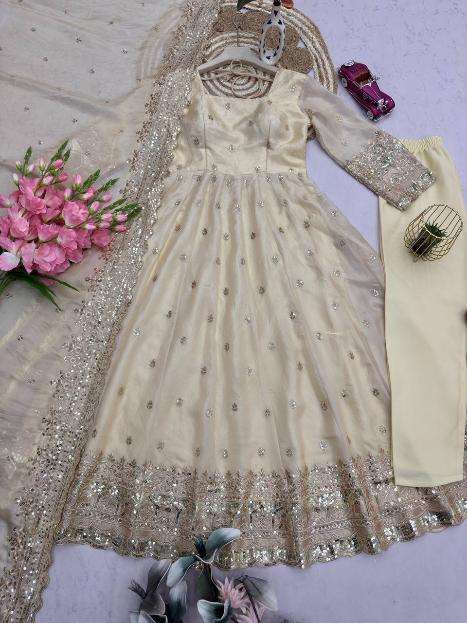 Cream Fandy Silk Embroidery Sequins Work Anarkali Gown Pant with Dupatta (3/4 sleeve)