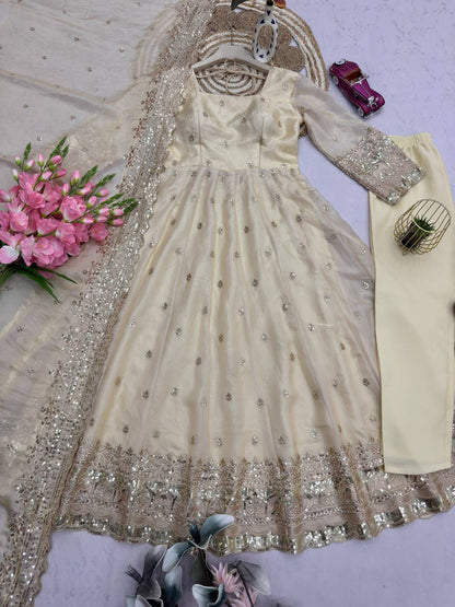 Cream Fandy Silk Embroidery Sequins Work Anarkali Gown Pant with Dupatta (3/4 sleeve)