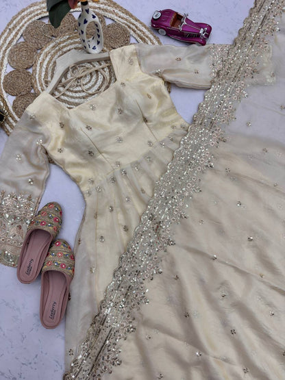 Cream Fandy Silk Embroidery Sequins Work Anarkali Gown Pant with Dupatta (3/4 sleeve)