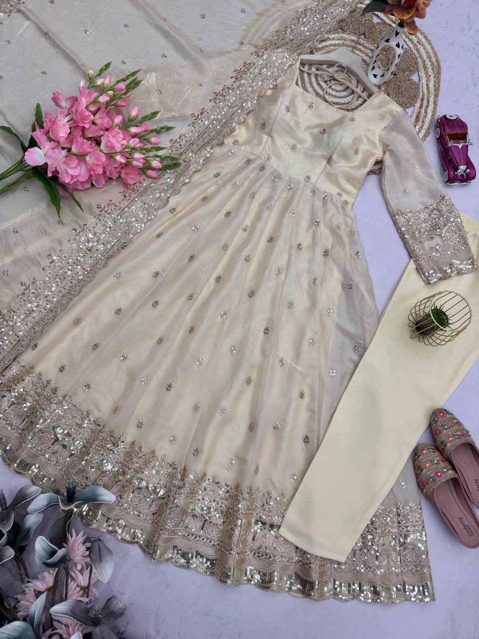 Cream Fandy Silk Embroidery Sequins Work Anarkali Gown Pant with Dupatta (3/4 sleeve)