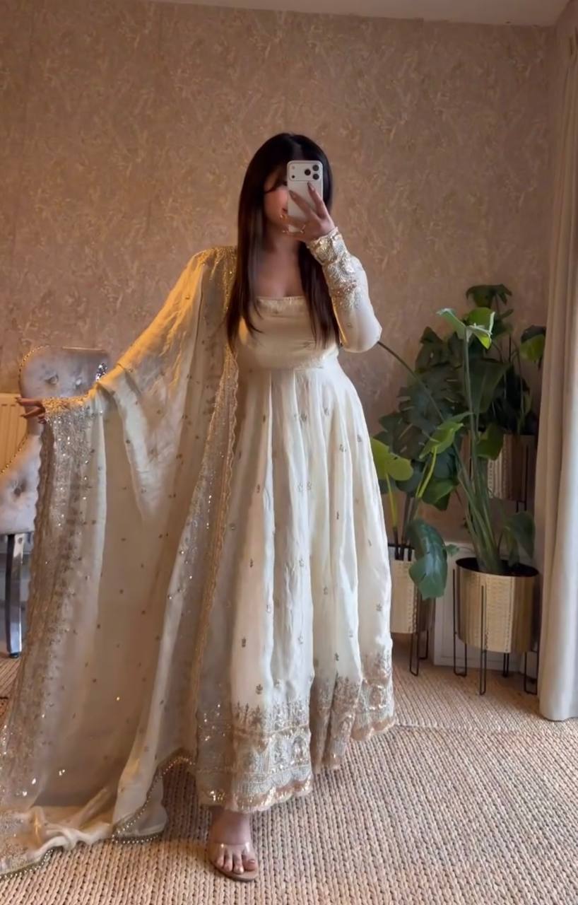 Cream Fandy Silk Embroidery Sequins Work Anarkali Gown Pant with Dupatta (3/4 sleeve)