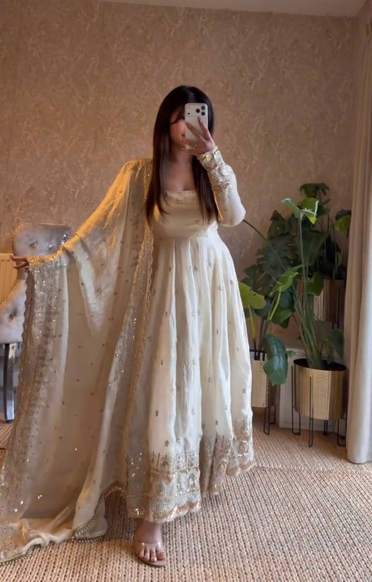 Cream Fandy Silk Embroidery Sequins Work Anarkali Gown Pant with Dupatta (3/4 sleeve)
