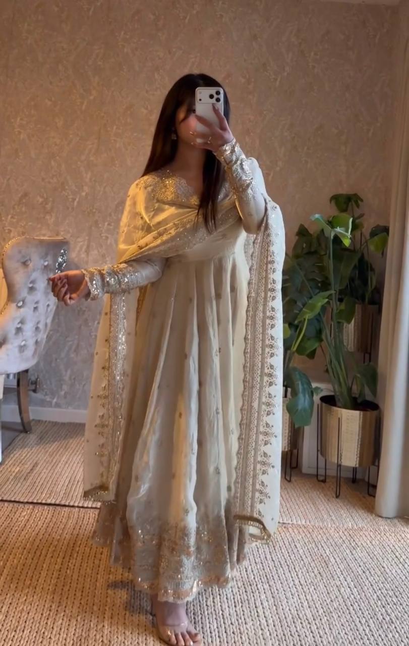 Cream Fandy Silk Embroidery Sequins Work Anarkali Gown Pant with Dupatta (3/4 sleeve)