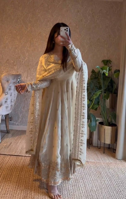 Cream Fandy Silk Embroidery Sequins Work Anarkali Gown Pant with Dupatta (3/4 sleeve)