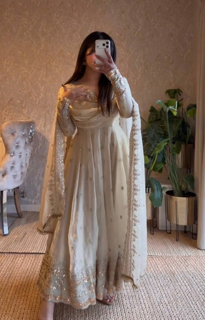 Cream Fandy Silk Embroidery Sequins Work Anarkali Gown Pant with Dupatta (3/4 sleeve)