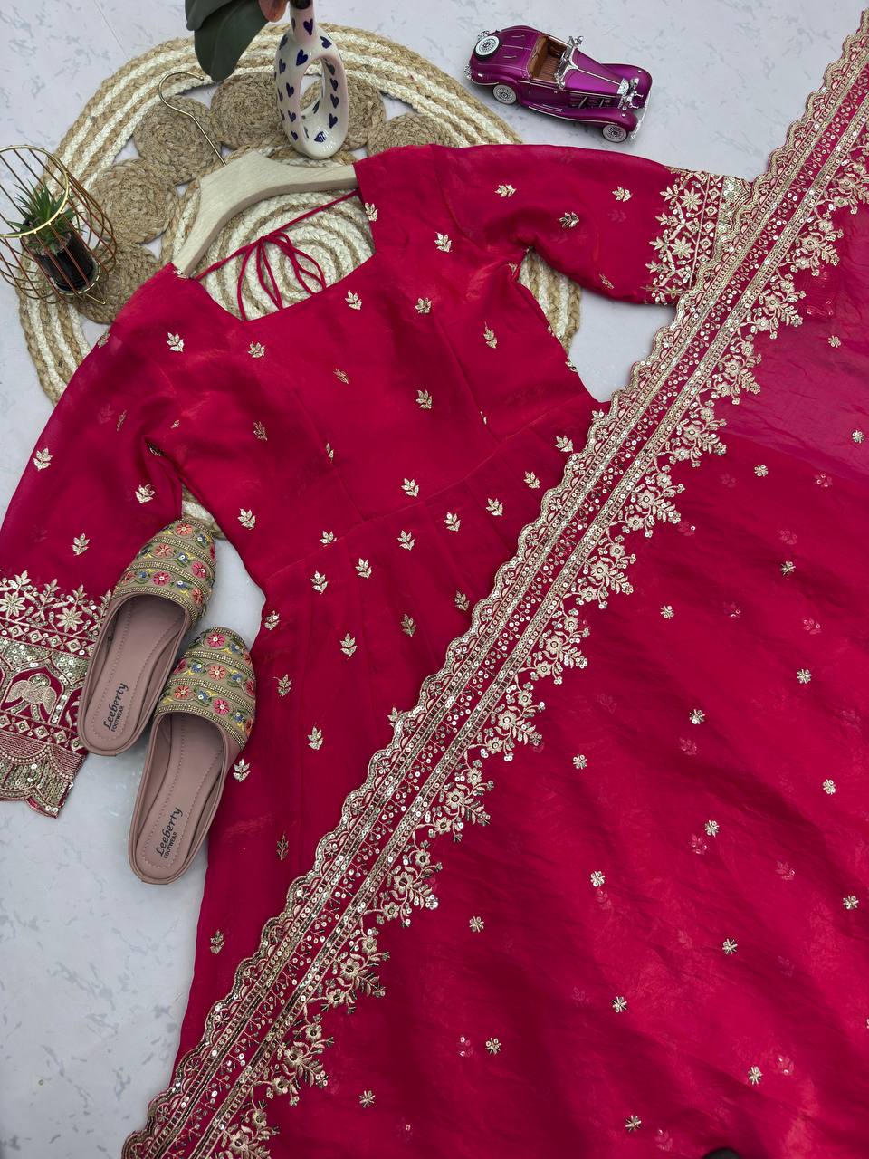 Rani Pink Fandy Silk Embroidery Sequins Work Anarkali Gown Pant with Dupatta (3/4 sleeve)