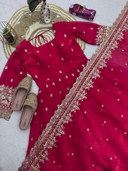 Rani Pink Fandy Silk Embroidery Sequins Work Anarkali Gown Pant with Dupatta (3/4 sleeve)