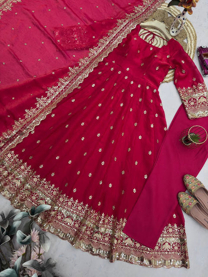 Rani Pink Fandy Silk Embroidery Sequins Work Anarkali Gown Pant with Dupatta (3/4 sleeve)