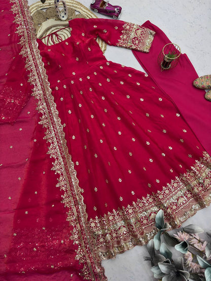Rani Pink Fandy Silk Embroidery Sequins Work Anarkali Gown Pant with Dupatta (3/4 sleeve)