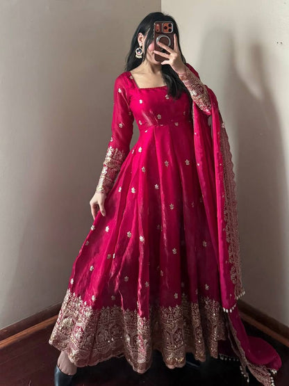 Rani Pink Fandy Silk Embroidery Sequins Work Anarkali Gown Pant with Dupatta (3/4 sleeve)