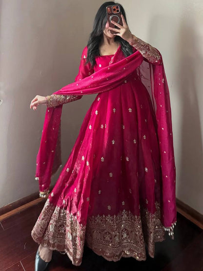 Rani Pink Fandy Silk Embroidery Sequins Work Anarkali Gown Pant with Dupatta (3/4 sleeve)
